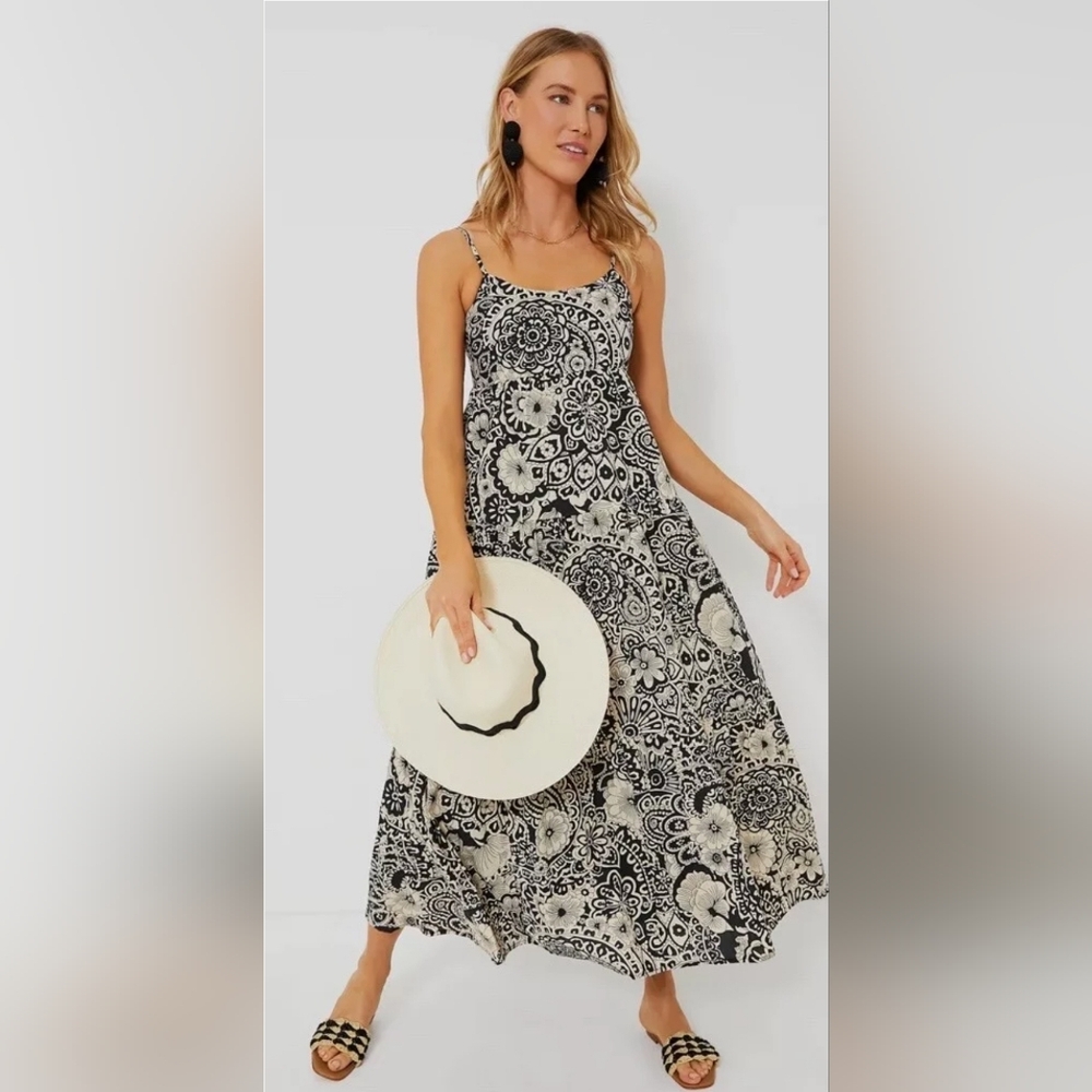 Tuckernuck Hyacinth House Women's S Black Cream Floral Tiered Maxi Dress